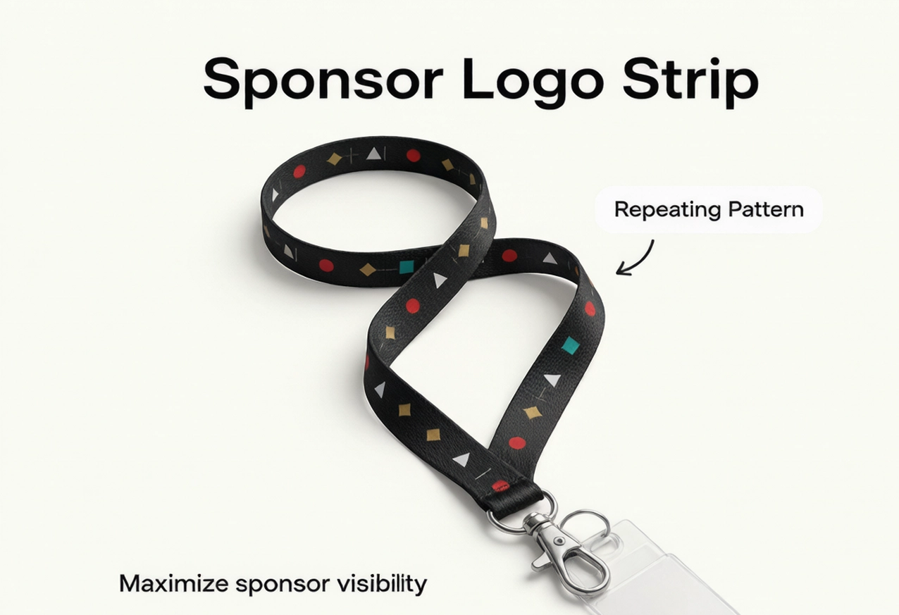 Custom lanyard design idea for clean event branding: navy strap with bold white event name and year
