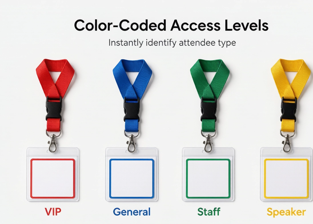 Custom lanyard design idea for color-coded access levels: red VIP, blue general, green staff, and yellow speaker straps