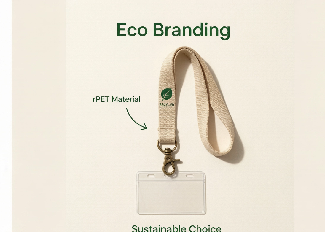 Custom lanyard design idea for eco branding: recycled PET strap with leaf icon and recycled message