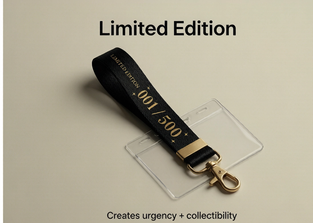 Custom lanyard design idea for limited edition drops: numbered strap like 001 of 500 for collectibility