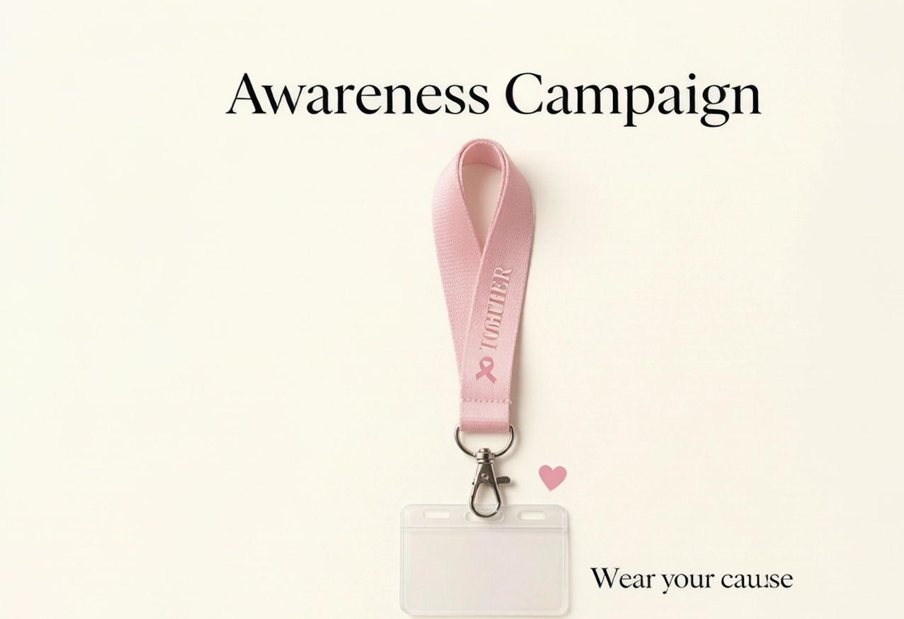 Custom lanyard design idea for charity campaigns: cause color strap like pink ribbon with short emotional message